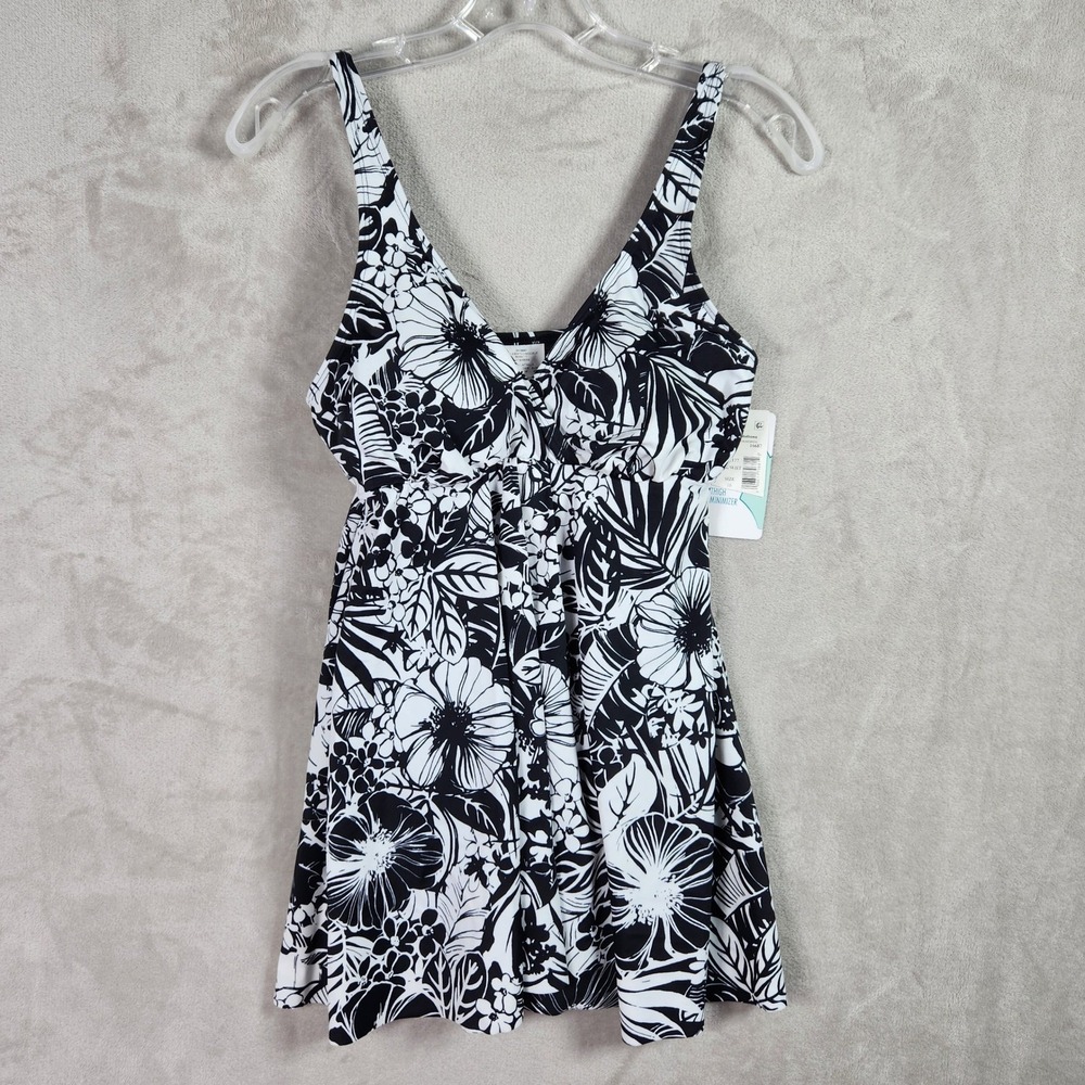 Swim Solutions Womens 10 Black Floral Flyaway Swimdress Tummy Control Resortwear